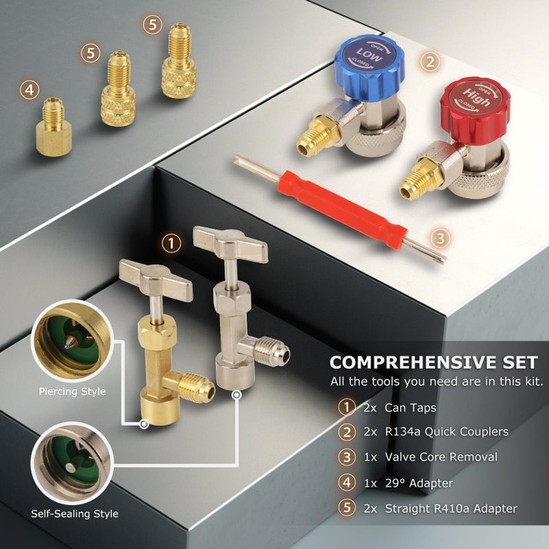 AURELIO TECH UPGRATED Version 4 Way A/C Manifold Gauge Set Fits R134A R410A R404A R22 Refrigerants with 5FT Hose, 3 Acme Tank Adapters, Adjustable Couplers and Can Tap - Image 5